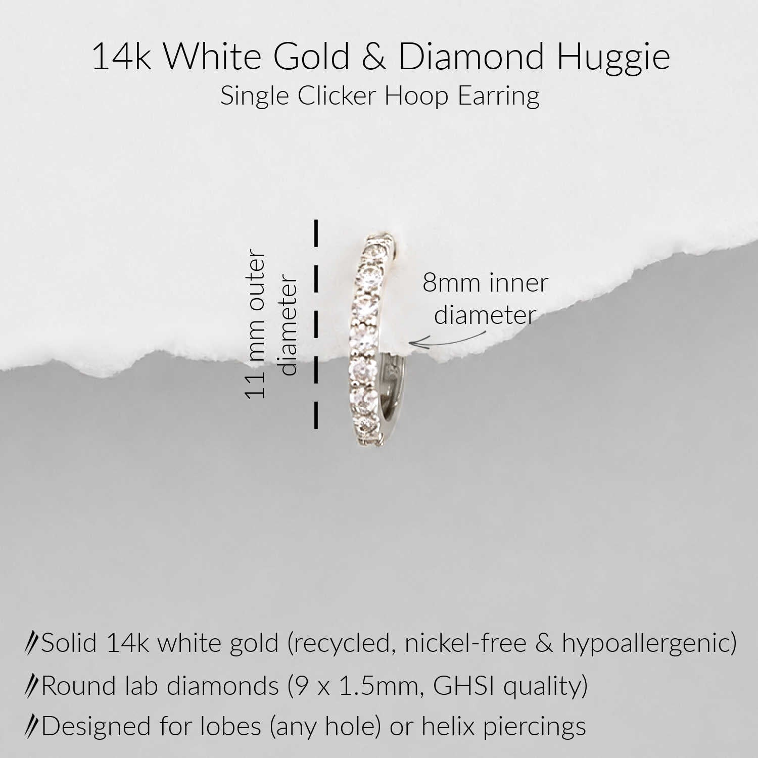 A 14k white gold single-clicker huggie hoop earring with round lab diamonds, shown on a light gray background with text detailing its dimensions (11mm outer diameter, 8mm inner diameter) and material specifications.