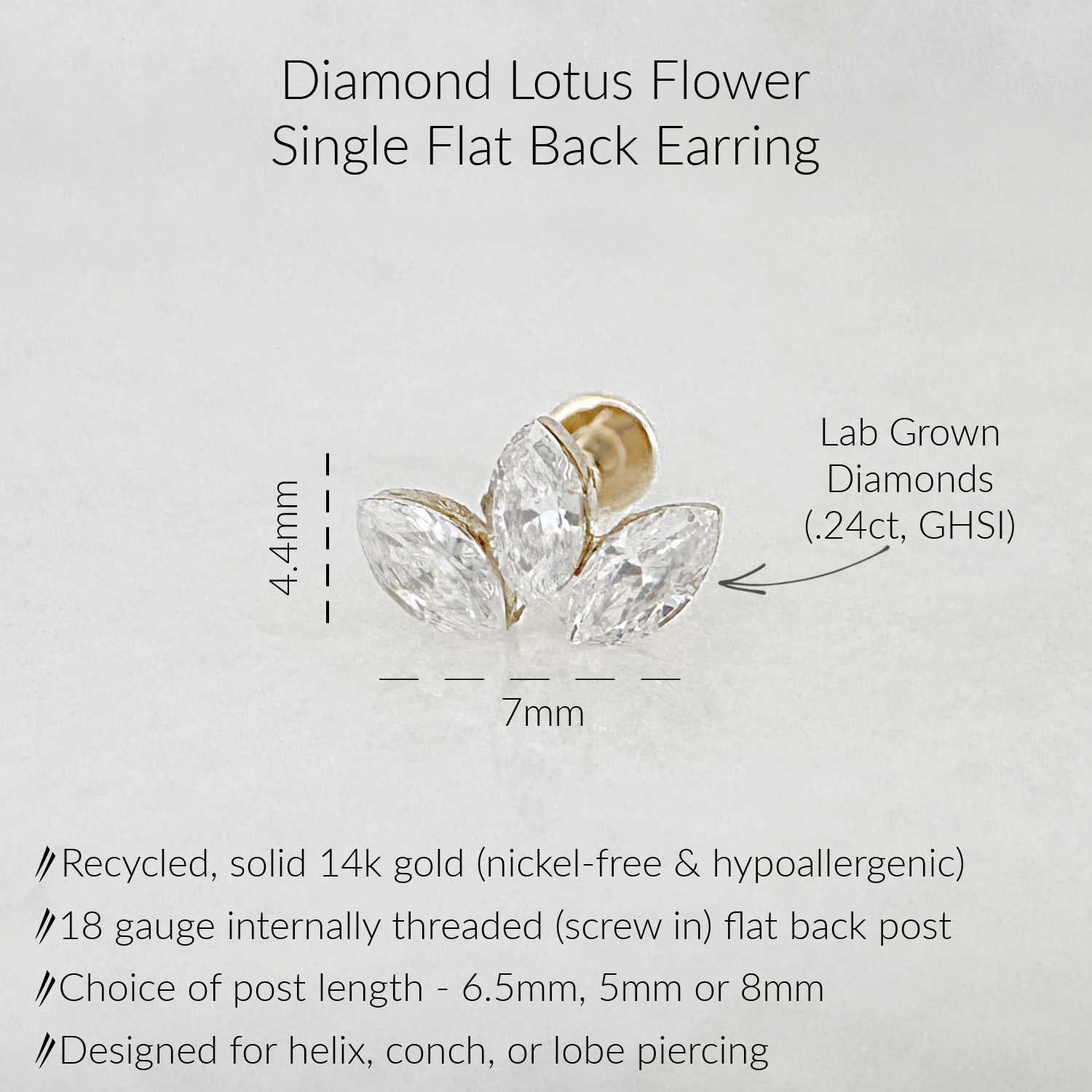 Diamond Lotus Flower single flat back earring with specifications - .24 carat GHSI marquise cut diamonds in 14k gold