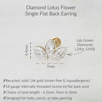 Diamond Lotus Flower single flat back earring with specifications - .24 carat GHSI marquise cut diamonds in 14k gold