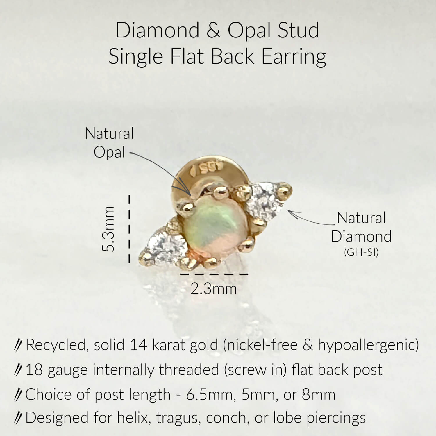 Infographic for Diamond & Opal Flat Back Stud Earrings | 3 Stone Earring for Helix, Tragus, Conch, or Lobe | 14k Gold Cartilage Piercing Jewelry from Two of Most