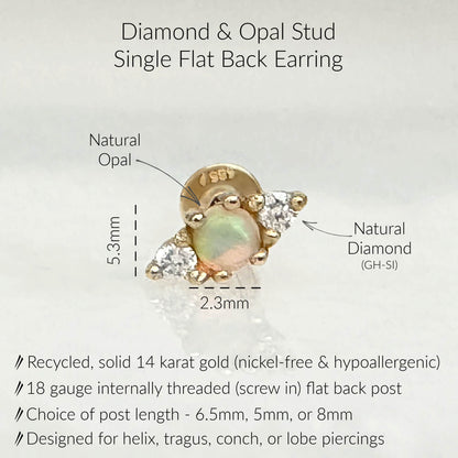 Infographic for Diamond & Opal Flat Back Stud Earrings | 3 Stone Earring for Helix, Tragus, Conch, or Lobe | 14k Gold Cartilage Piercing Jewelry from Two of Most