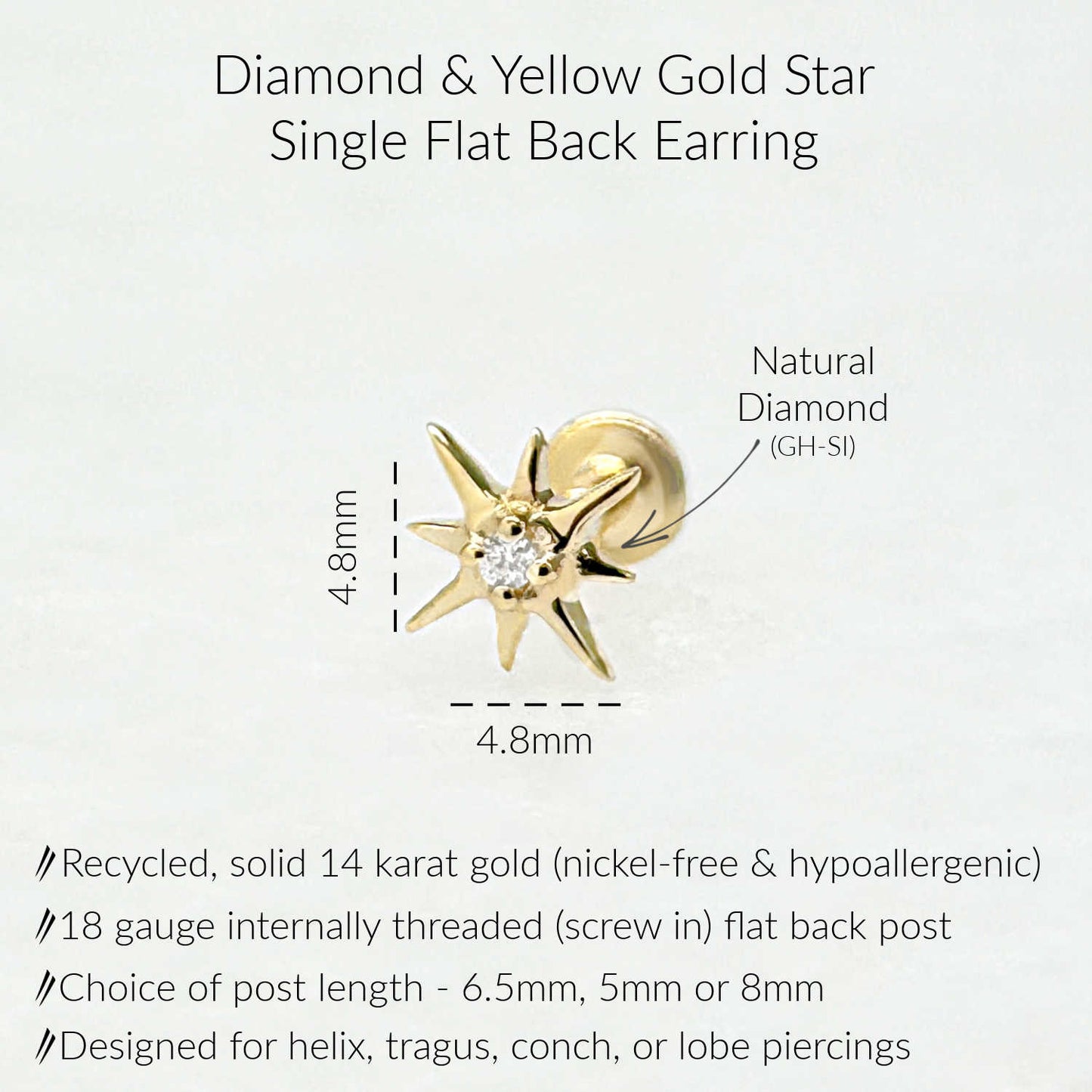 Infographic for Diamond Star Flat Back Stud Earrings | 3 Stone Earring for Helix, Tragus, Conch, or Lobe | 14k Gold Cartilage Piercing Jewelry from Two of Most