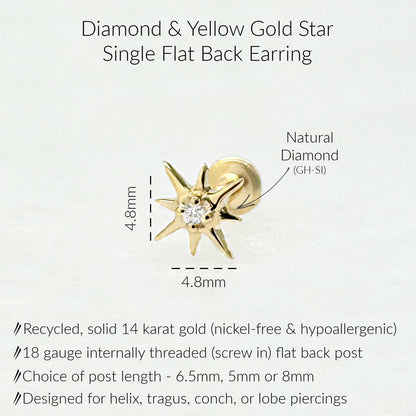 Infographic for Diamond Star Flat Back Stud Earrings | 3 Stone Earring for Helix, Tragus, Conch, or Lobe | 14k Gold Cartilage Piercing Jewelry from Two of Most
