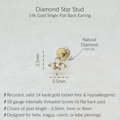 Specs for Diamond Star Flat Back Earring, Solid 14k Gold, GH-SI quality natural diamonds, 6.5mm, 5mm or 8mm flat back 18 gauge post