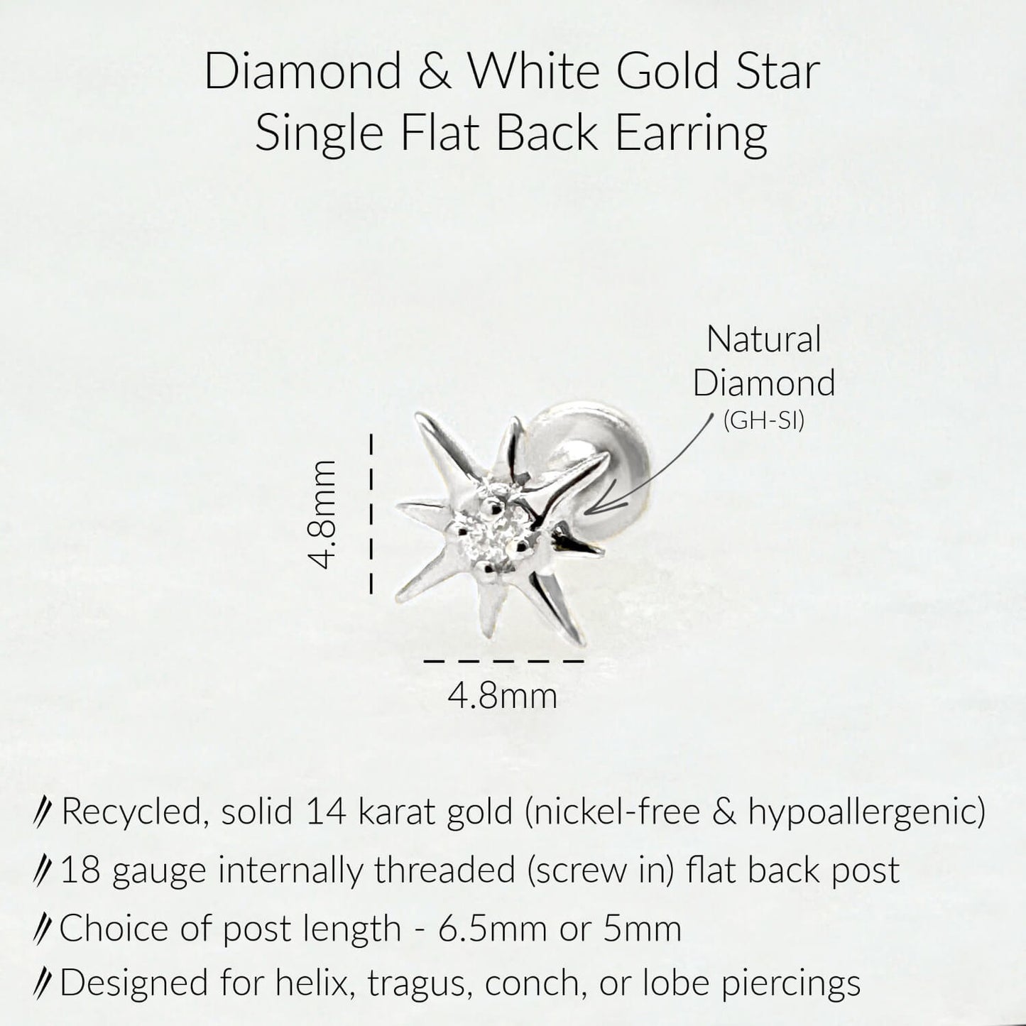 Infographic for Diamond Star Flat Back Stud Earrings | 3 Stone Earring for Helix, Tragus, Conch, or Lobe | 14k White Gold Cartilage Piercing Jewelry from Two of Most
