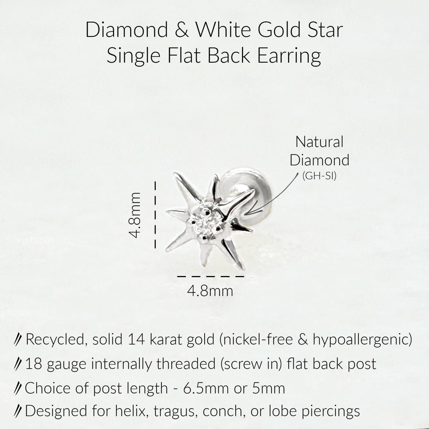 Infographic for Diamond Star Flat Back Stud Earrings | 3 Stone Earring for Helix, Tragus, Conch, or Lobe | 14k White Gold Cartilage Piercing Jewelry from Two of Most