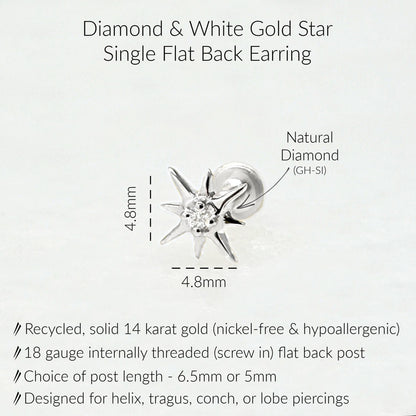 Infographic for Diamond Star Flat Back Stud Earrings | 3 Stone Earring for Helix, Tragus, Conch, or Lobe | 14k White Gold Cartilage Piercing Jewelry from Two of Most