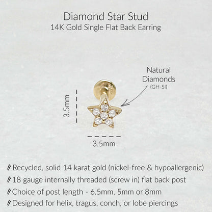 Specs for Diamond Star Flat Back Earrings | GH-SI Quality Diamond Studs for Helix, Tragus, Conch, or Lobe | 14k Yellow Gold 18 Gauge Post in 6.5mm, 5mm or 8mm length
