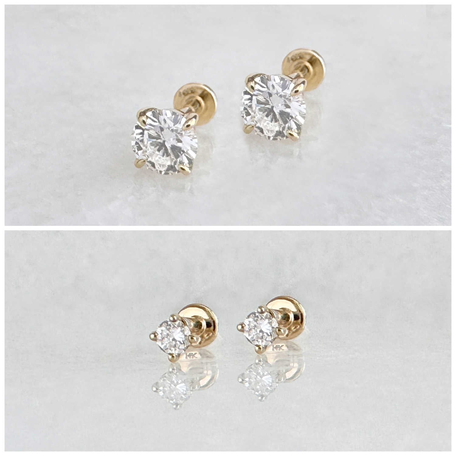 Flat Back Lab Grown Diamond Earrings , Set of Large and Small 14k Gold Cartilage Stud for Helix, Tragus or Conch Piercing