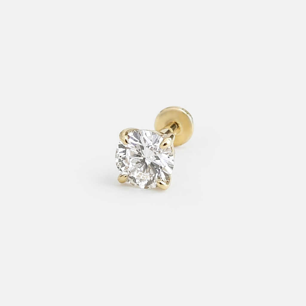 Lab Grown Diamond Earring , 14k Gold Flat Back Stud, Cartilage Jewelry for Helix, Conch or Lobe Piercing