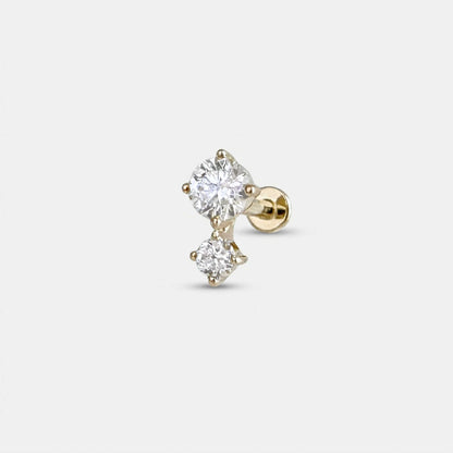 A solid 14k gold flat back stud earring with two diamonds .1/2 Carat Diamond Cartilage Piercing Jewelry for Helix, Conch or Lobe
