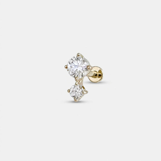 A solid 14k gold flat back stud earring with two diamonds .1/2 Carat Diamond Cartilage Piercing Jewelry for Helix, Conch or Lobe