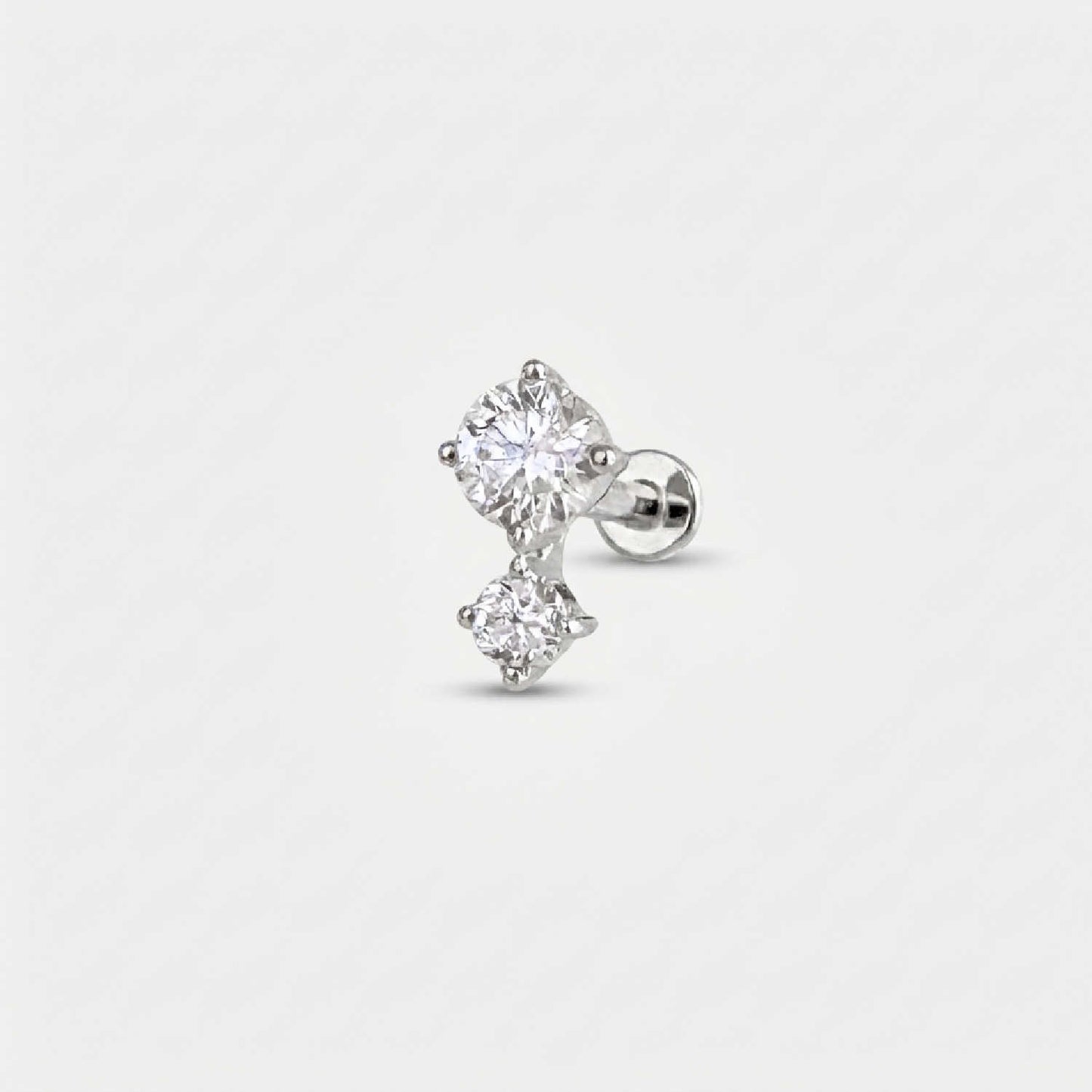 A solid 14k white gold flat back stud earring with two diamonds .1/2 Carat Diamond Cartilage Piercing Jewelry for Helix, Conch or Lobe