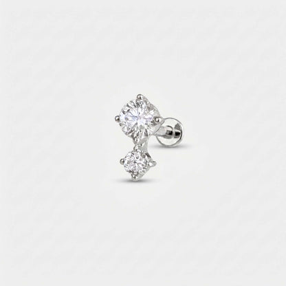 A solid 14k white gold flat back stud earring with two diamonds .1/2 Carat Diamond Cartilage Piercing Jewelry for Helix, Conch or Lobe