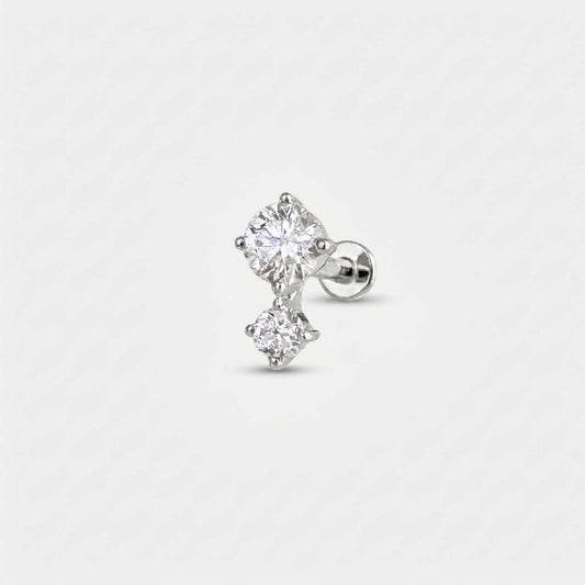 A solid 14k white gold flat back stud earring with two diamonds .1/2 Carat Diamond Cartilage Piercing Jewelry for Helix, Conch or Lobe