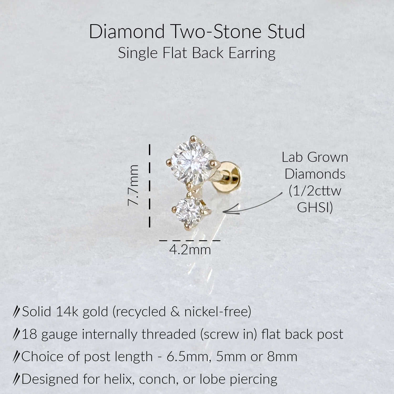 A single flat back earring stud shown on a light textured background with text labels. The earring is made of solid 14k gold with two lab-grown diamonds of 1/2 carat weight.