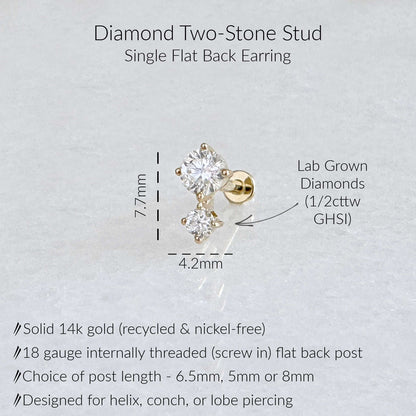 A single flat back earring stud shown on a light textured background with text labels. The earring is made of solid 14k gold with two lab-grown diamonds of 1/2 carat weight.