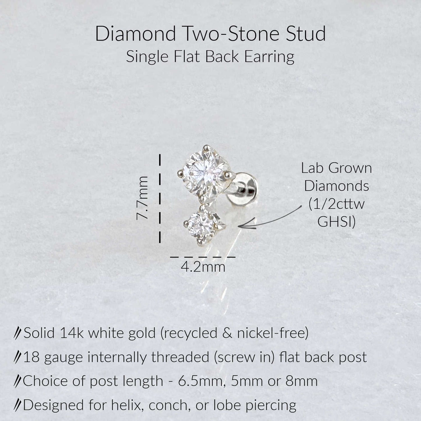 A product information graphic for a diamond two-stone stud earring. The image shows a white gold flat back earring with1/2 carat in diamonds, along with text indicating dimensions