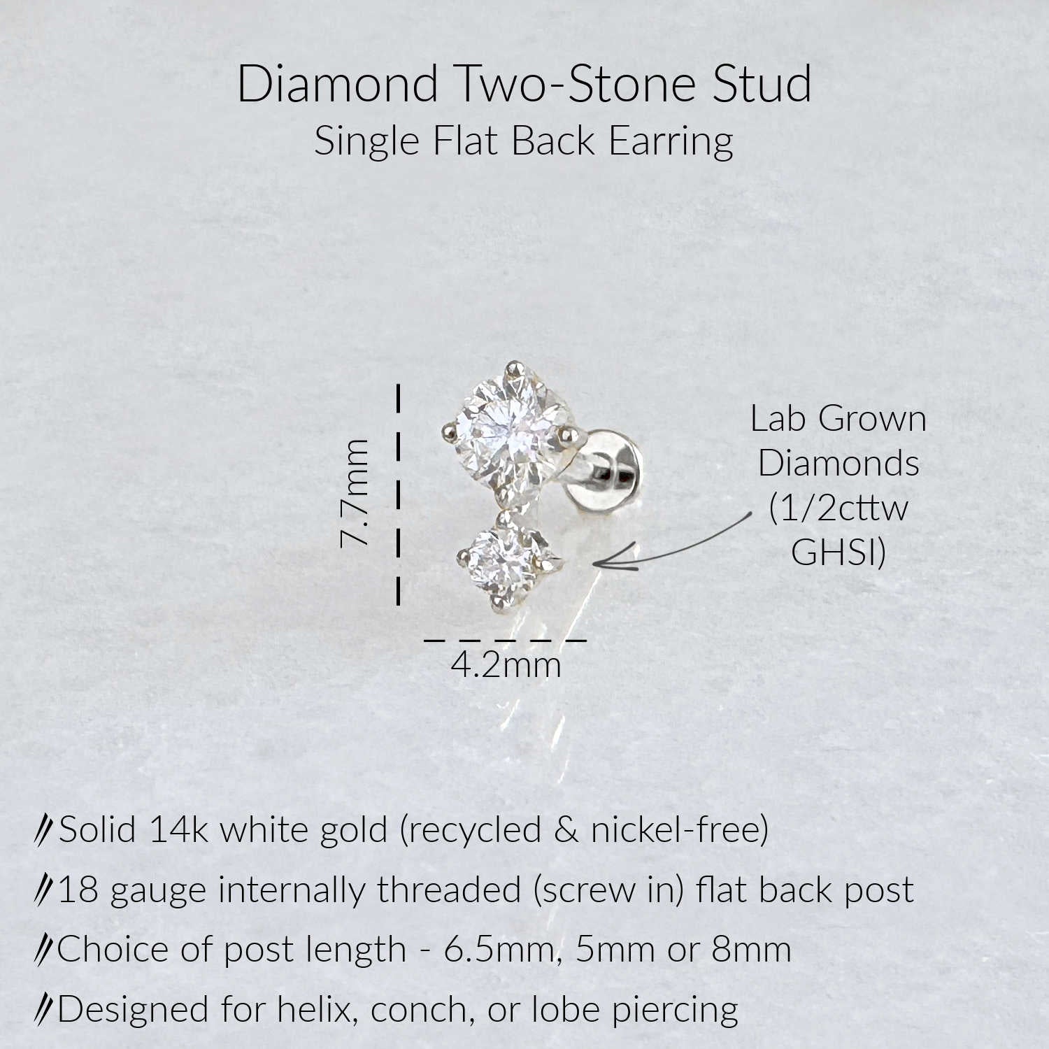 A product information graphic for a diamond two-stone stud earring. The image shows a white gold flat back earring with1/2 carat in diamonds, along with text indicating dimensions