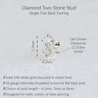 A product information graphic for a diamond two-stone stud earring. The image shows a white gold flat back earring with1/2 carat in diamonds, along with text indicating dimensions