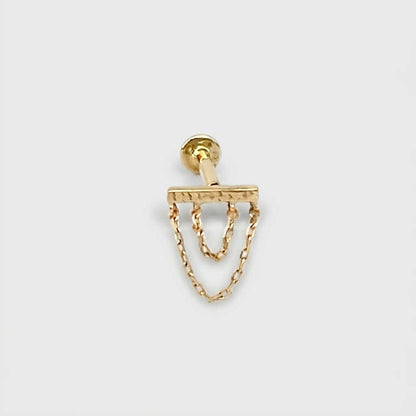 Double Chain Earring, 14k Gold Flat Back Stud, Cartilage Jewelry for Helix, Tragus, Conch or Lobe
