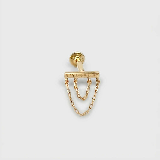 Double Chain Earring, 14k Gold Flat Back Stud, Cartilage Jewelry for Helix, Tragus, Conch or Lobe