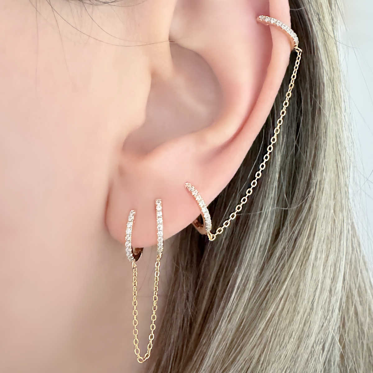 Chain Connected Hoops, Double Piercing Earrings, Helix to Lobe on Model