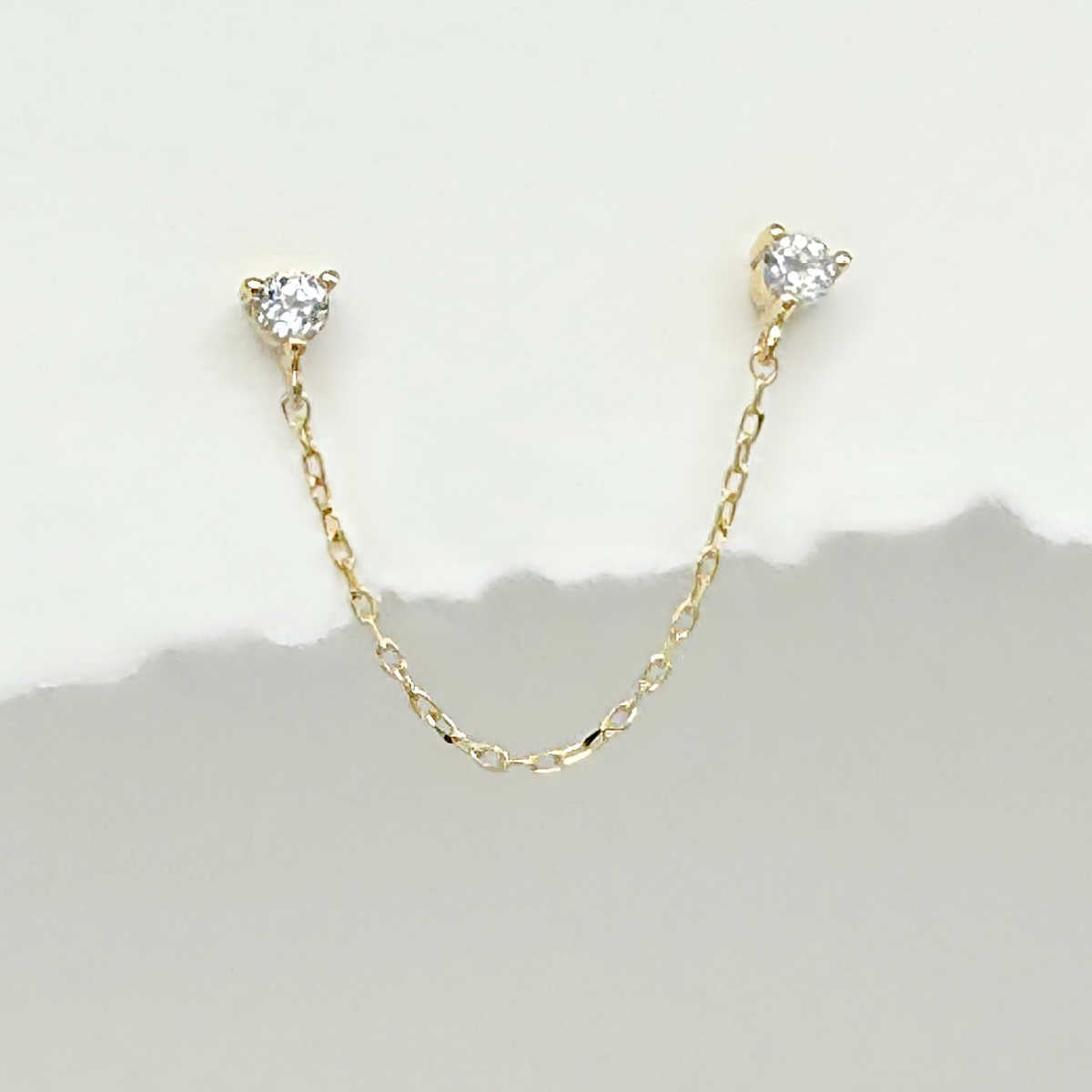 Double Piercing Stud Earrings | 14k Connected Chain Stud, Single Earring