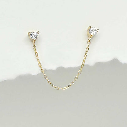 Double Piercing Stud Earrings | 14k Connected Chain Stud, Single Earring