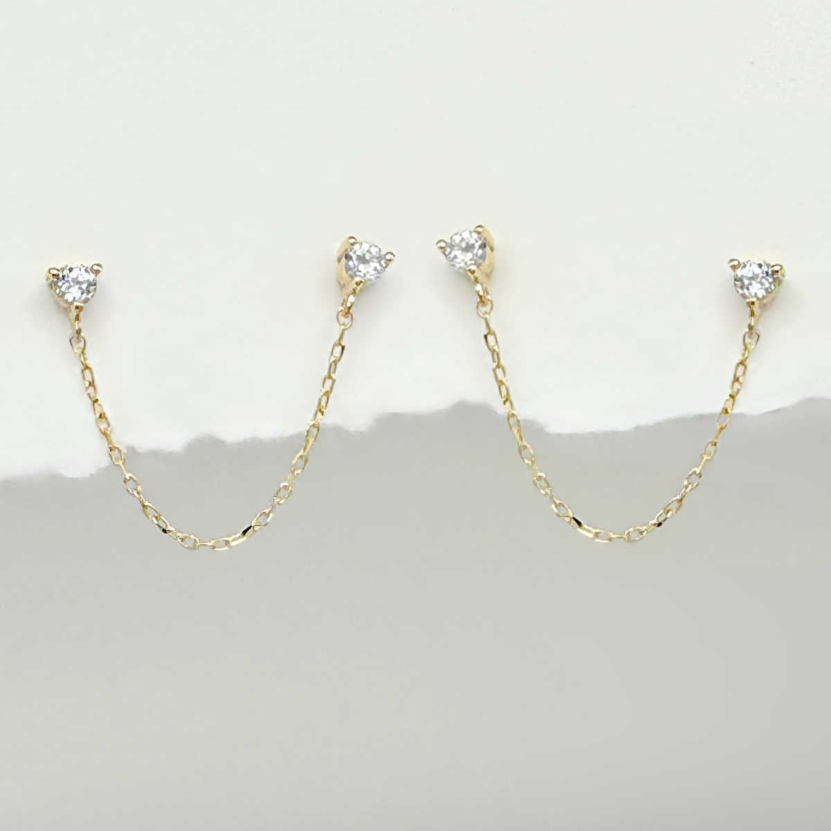 Double Piercing Stud Earrings | 14k Connected Chain Studs