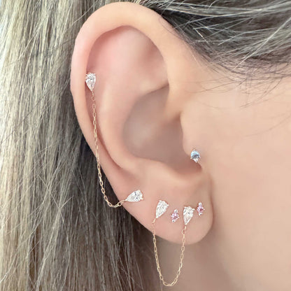 Gold Chain Earrings, Helix to Lobe Double Piercing Connected Pear Shaped Studs on Model