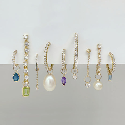 Gold Hoop Earring Charms | Birthstone Dangles for Huggies | Pearl, Opal, Amethyst, Topaz, Peridot & Diamond