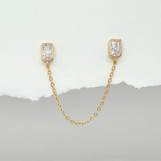 Emerald Cut Chain Connected Studs, Double Piercing Earrings from Two of Most