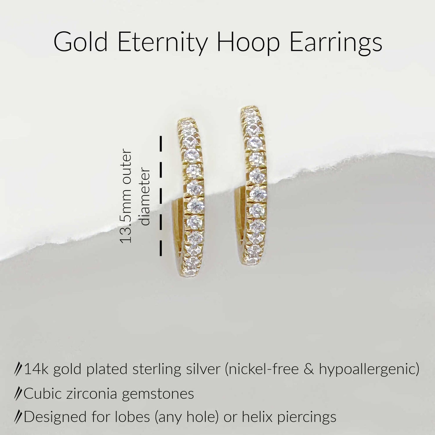 Specs for 14k Gold Plated Eternity Hoop Earrings. Cubic zirconia gemstones on 13.5mm hinged huggie. 925 sterling silver