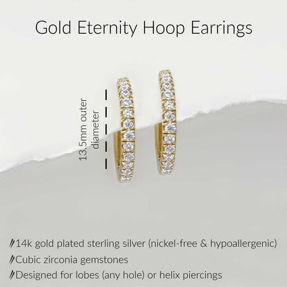 Specs for 14k Gold Plated Eternity Hoop Earrings. Cubic zirconia gemstones on 13.5mm hinged huggie. 925 sterling silver