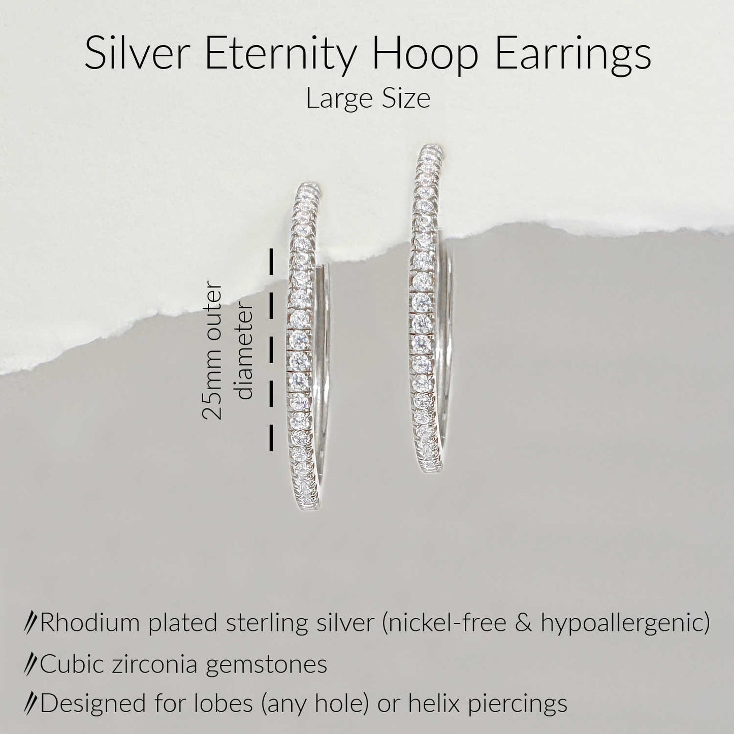 Specs for Large Silver Hoop Earrings. 925 Sterling Silver & Cubic Zirconia Huggies for First or Second Hole. 25mm diameter
