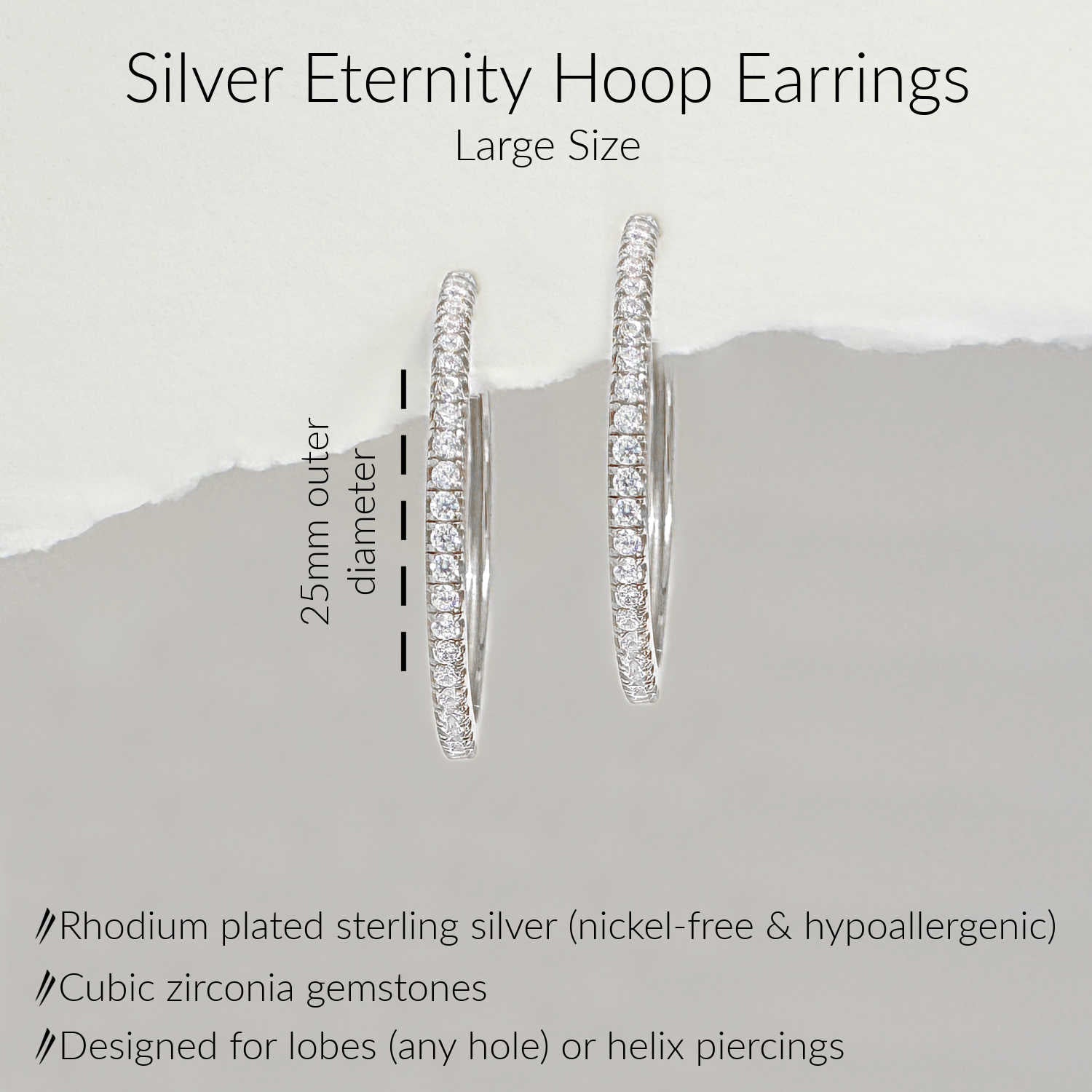 Specs for Large Silver Hoop Earrings. 925 Sterling Silver & Cubic Zirconia Huggies for First or Second Hole. 25mm diameter
