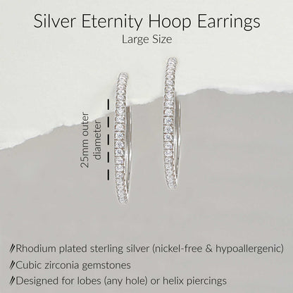 Specs for Large Silver Hoop Earrings. 925 Sterling Silver & Cubic Zirconia Huggies for First or Second Hole. 25mm diameter