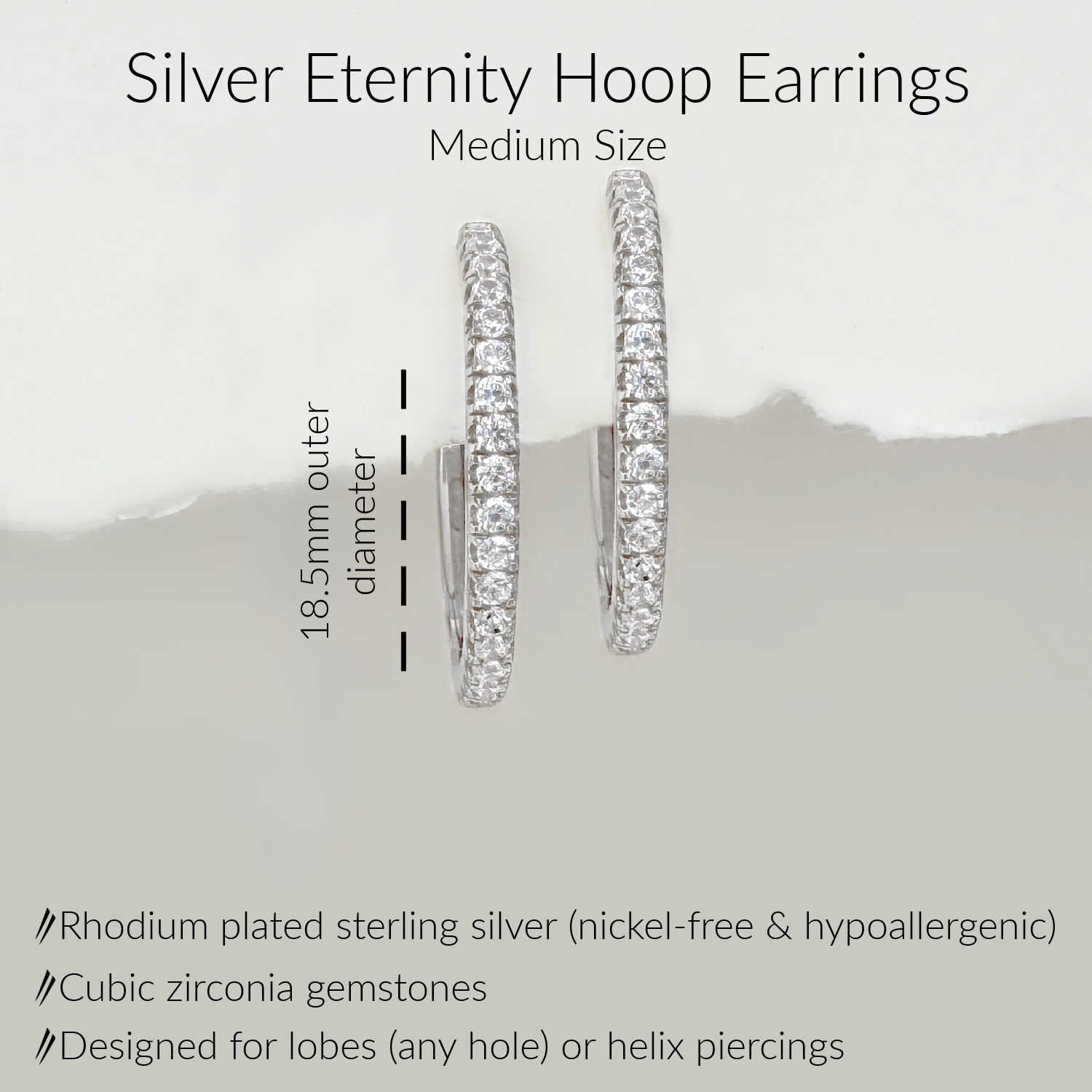 Specs for Medium Silver Hoop Earrings. 925 Sterling Silver & Cubic Zirconia Huggies for First or Second Hole. 18.5mm diameter