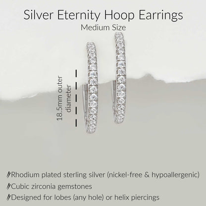 Specs for Medium Silver Hoop Earrings. 925 Sterling Silver & Cubic Zirconia Huggies for First or Second Hole. 18.5mm diameter