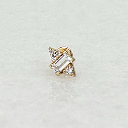 Emerald Cut White Topaz Earrings | Gold Flat Back Piercing Stud