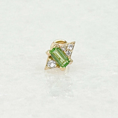 Emerald Cut Green Garnet Earrings | Gold Flat Back Piercing Stud