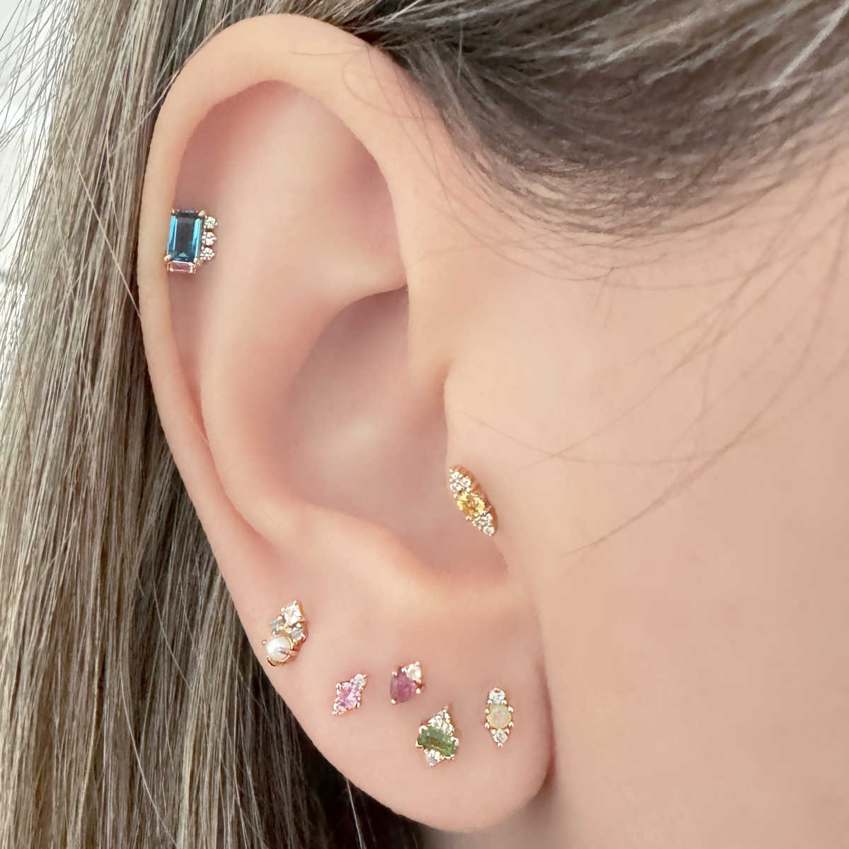 Flat Back Earrings on Model | Colored Gemstones & 14k Gold | Two of Most