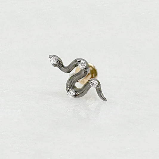 Black Gold & Diamond Snake Earring | Flat Back Stud for Helix, Tragus, Conch, or Lobe | Solid Gold Piercing Jewelry from Two of Most