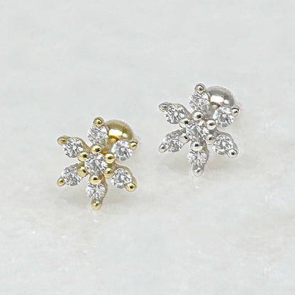 Flower Gemstone Screw Back Earring | Gold Plated or Sterling Silver Cartilage Ball Back Barbell Studs From Two of Most