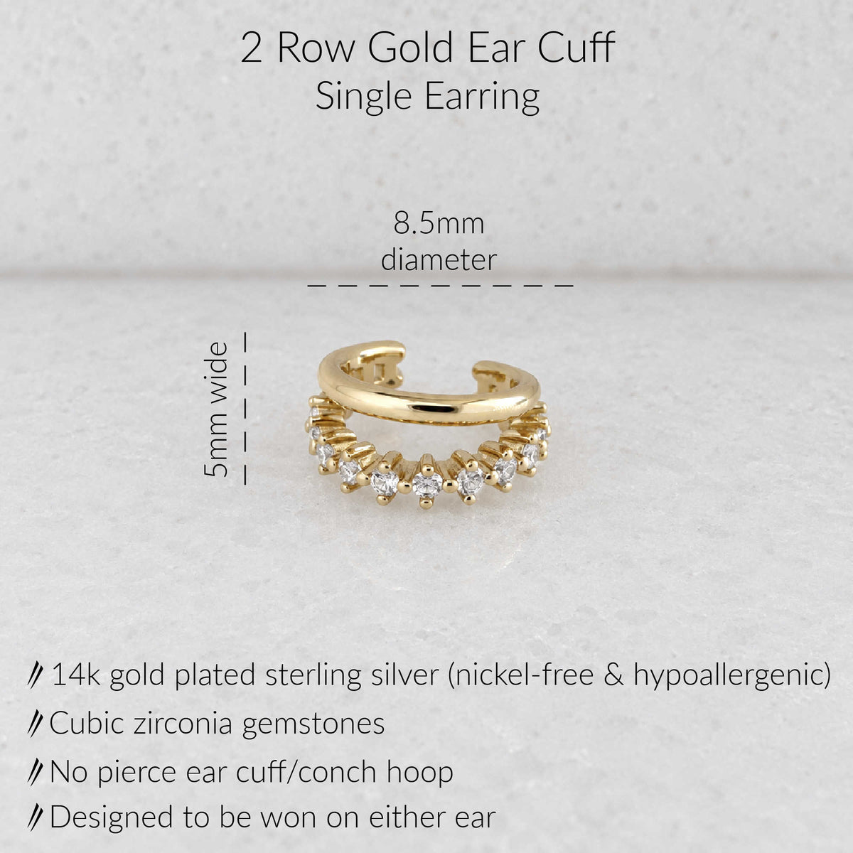 A gold-plated sterling silver 2-row single earring ear cuff with cubic zirconia gemstones, shown on a light gray textured background with text detailing its dimensions (8.5mm diameter, 5mm wide) and features.