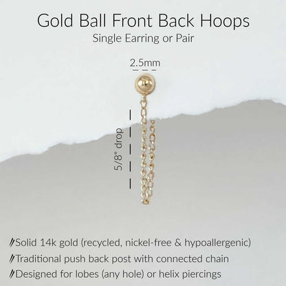 Specs for Gold Ball Front to Back Hoops, Solid 14k Gold Chain Connected Stud Earring, 5/8" Drop