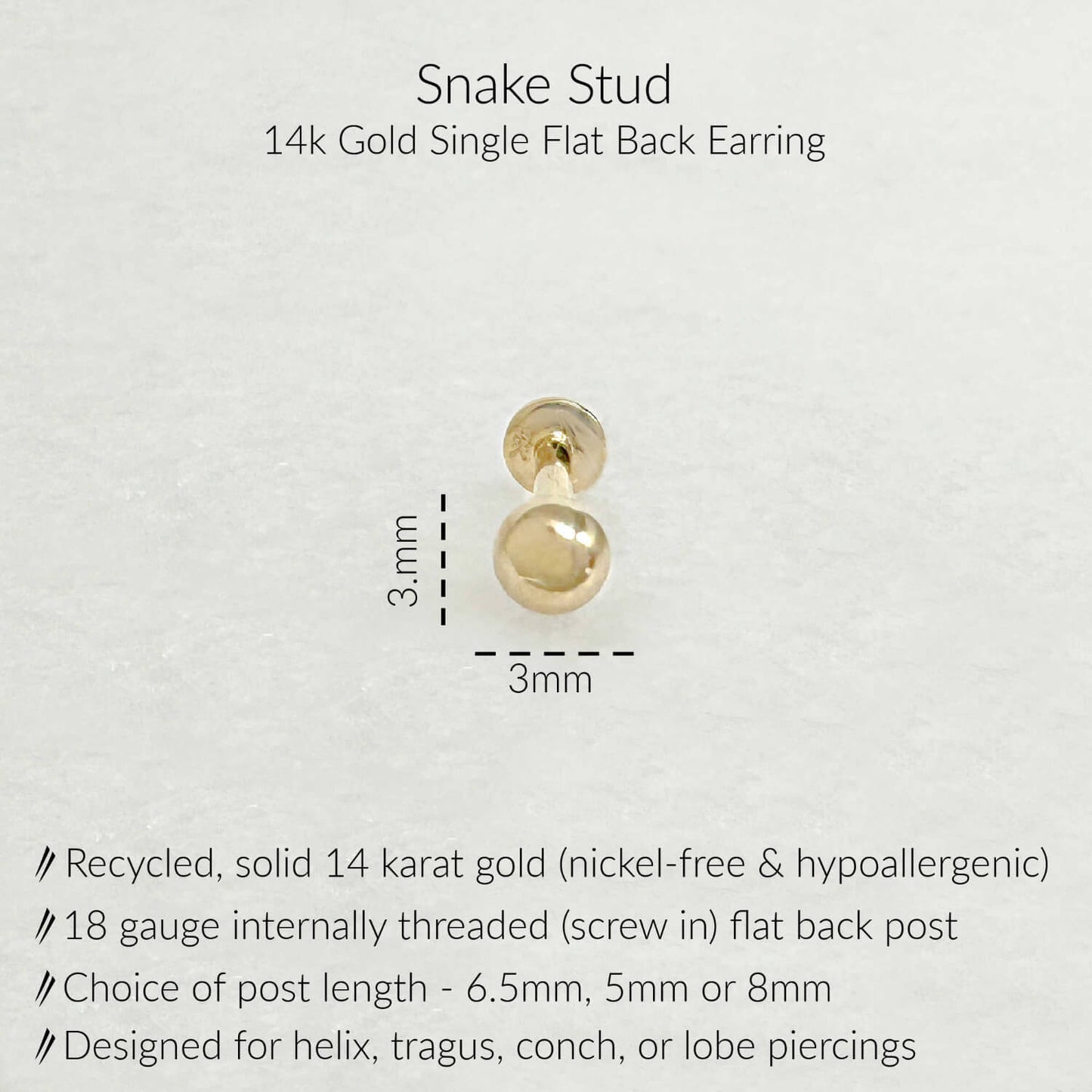 Specs for Gold Ball Flat Back Earrings | 3mm Sphere Studs for Helix, Tragus, Conch, or Lobe | 14k Yellow Gold 18 Gauge Post in 6.5mm, 5mm or 8mm length