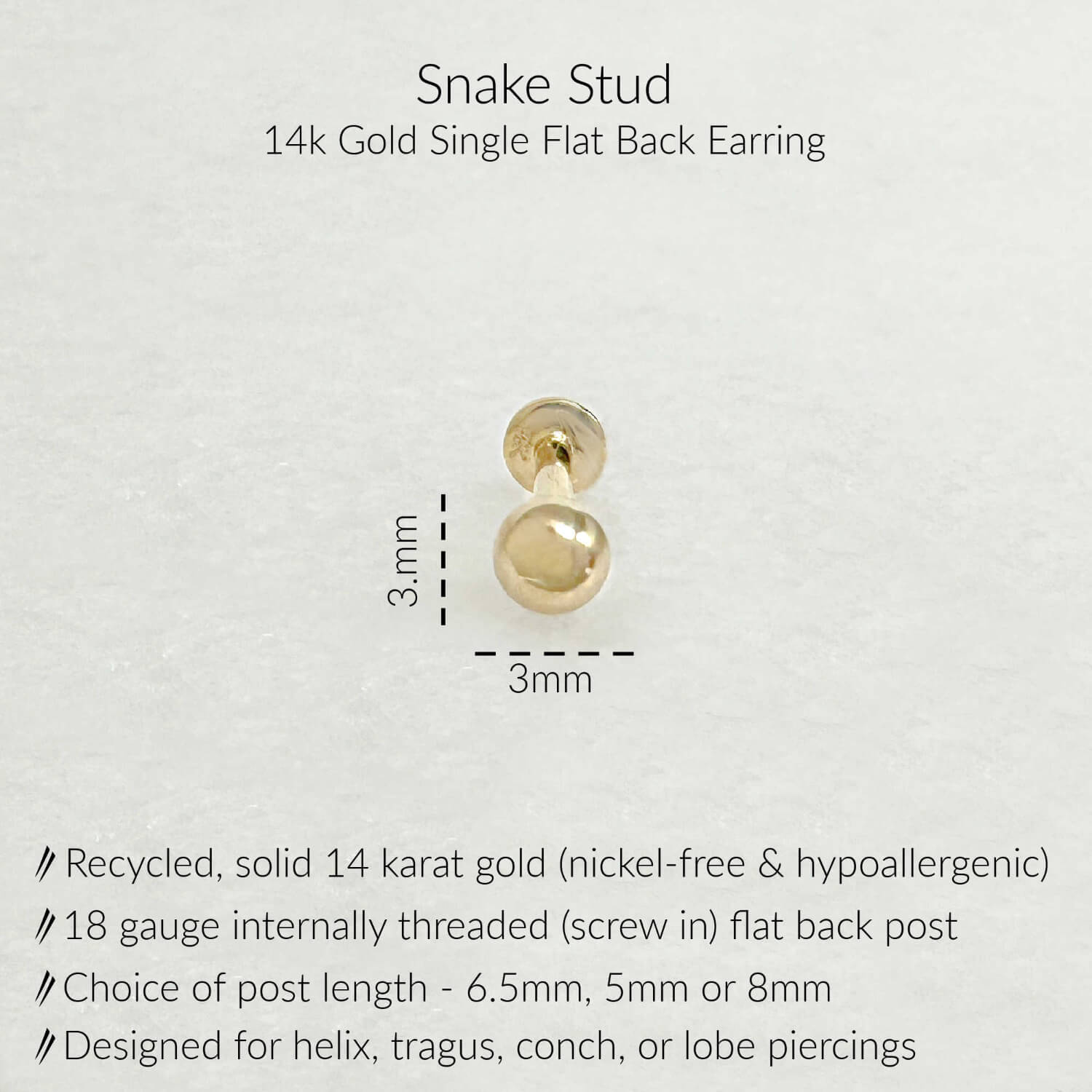 Specs for Gold Ball Flat Back Earrings | 3mm Sphere Studs for Helix, Tragus, Conch, or Lobe | 14k Yellow Gold 18 Gauge Post in 6.5mm, 5mm or 8mm length