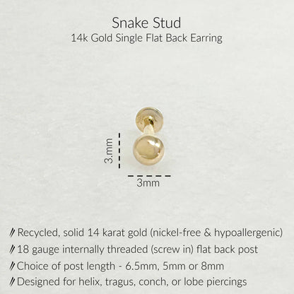 Specs for Gold Ball Flat Back Earrings | 3mm Sphere Studs for Helix, Tragus, Conch, or Lobe | 14k Yellow Gold 18 Gauge Post in 6.5mm, 5mm or 8mm length